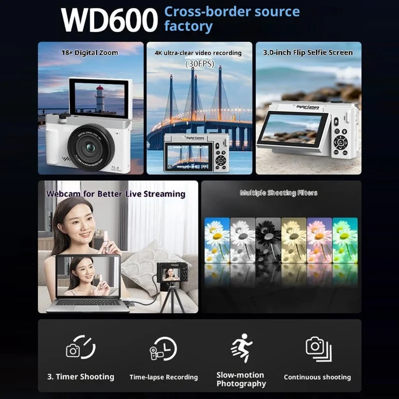 WD6003-4K 75MP 4K Digital Camera 3inch 180 Degree Flip Screen 18X Zoom WiFi Travel Camera with 32GB Card + Card Reader - Black