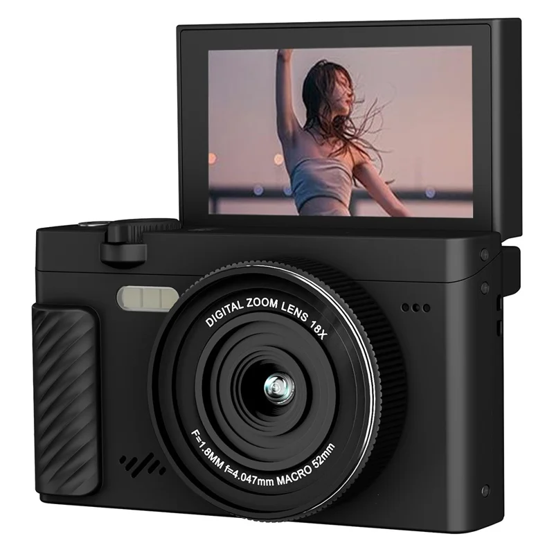 Appareil photo numérique 4K 75MP WD600-4K 18X Zoom WiFi Appareil photo de voyage 3 pouces Écran pivotant à 180 degrés avec carte 64 Go + lecteur de carte - Noir