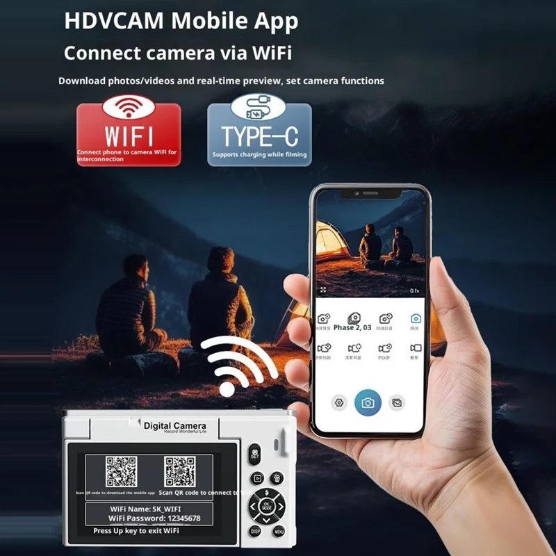 Appareil photo numérique 4K 75MP WD600-4K 18X Zoom WiFi Appareil photo de voyage 3 pouces Écran pivotant à 180 degrés avec carte 64 Go + lecteur de carte - Noir