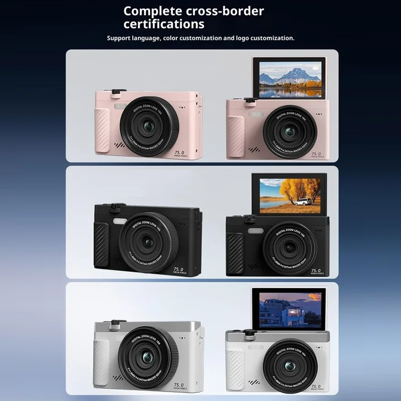 Appareil photo numérique 4K 75MP WD600-4K 18X Zoom WiFi Appareil photo de voyage 3 pouces Écran pivotant à 180 degrés avec carte 64 Go + lecteur de carte - Noir