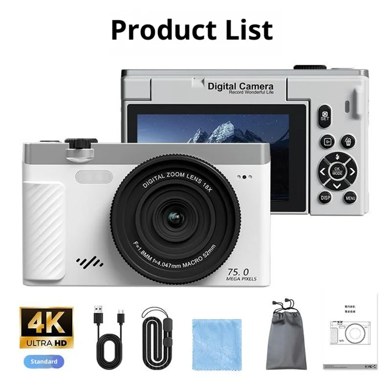 Appareil photo numérique 4K 75MP WD600-4K 18X Zoom WiFi Appareil photo de voyage 3 pouces Écran pivotant à 180 degrés avec carte 64 Go + lecteur de carte - Noir