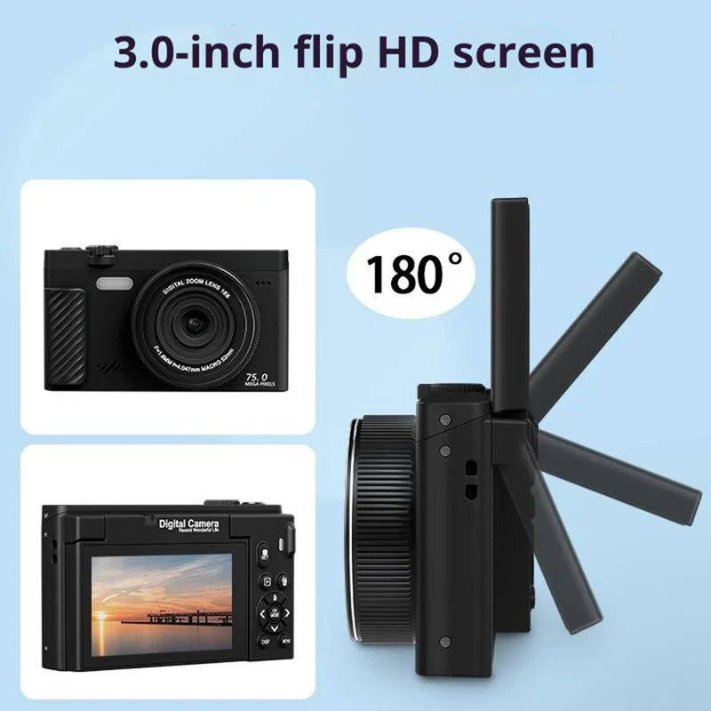 Appareil photo numérique 4K 75MP WD600-4K 18X Zoom WiFi Appareil photo de voyage 3 pouces Écran pivotant à 180 degrés avec carte 64 Go + lecteur de carte - Noir