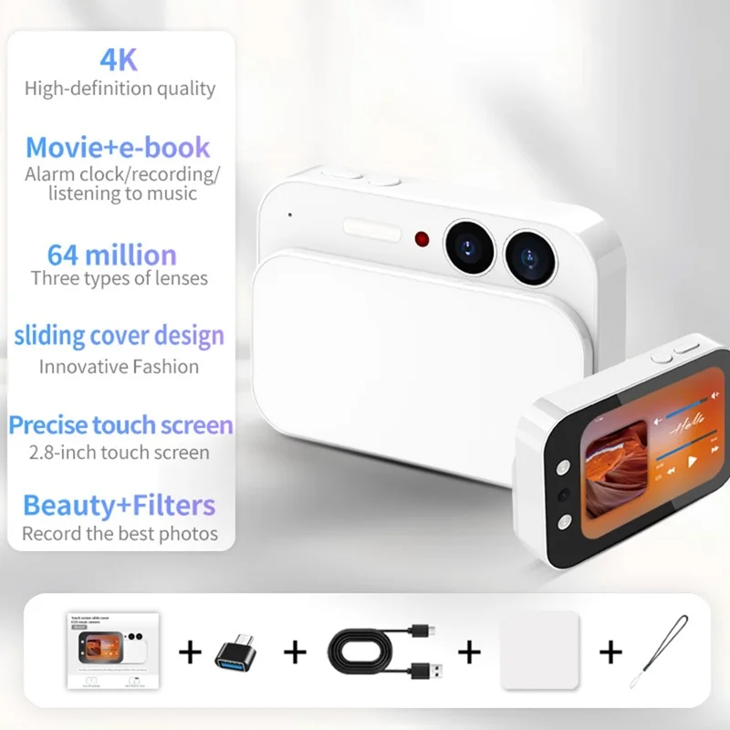 Câmera Digital de Alta Definição com Filtro de Beleza, Tela Sensível ao Toque de 2,8 Polegadas, Sensor CCD 4K, com Cartão de 32GB - Branco