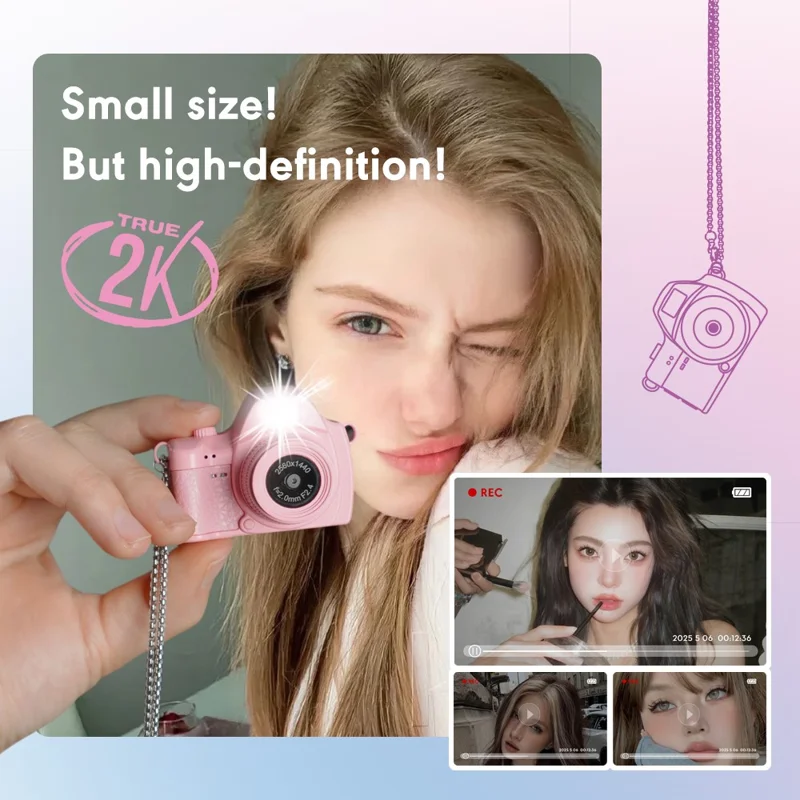 Cámara Digital Mini S161 con Pantalla IPS de 1,47 Pulgadas, Grabación de Vídeo HD 2K, Cámara de Pulgar para Niños con Luz de Relleno, con Tarjeta de 32 GB - Rosa