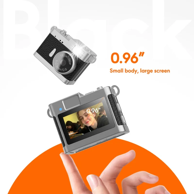 Câmera Miniatura com Tela IPS Colorida de 0,96 Polegada, Filmadora Portátil com Luz de Preenchimento LED Integrada e Armazenamento de 128GB - Preto