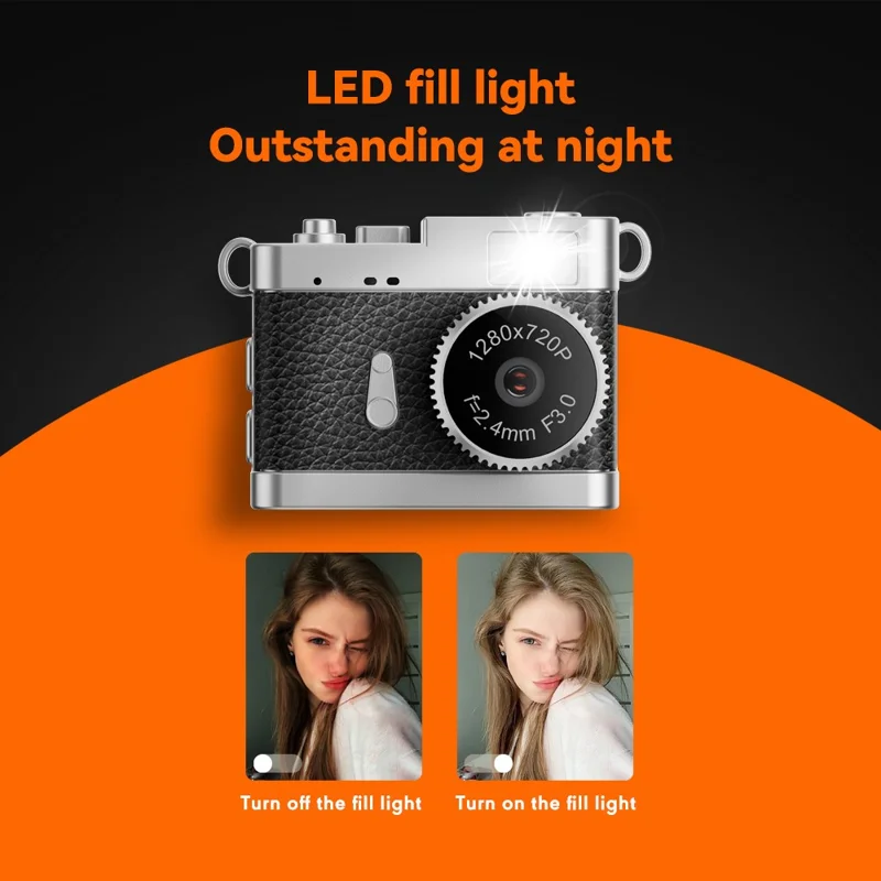 Câmera Miniatura com Tela IPS Colorida de 0,96 Polegada, Filmadora Portátil com Luz de Preenchimento LED Integrada e Armazenamento de 128GB - Preto