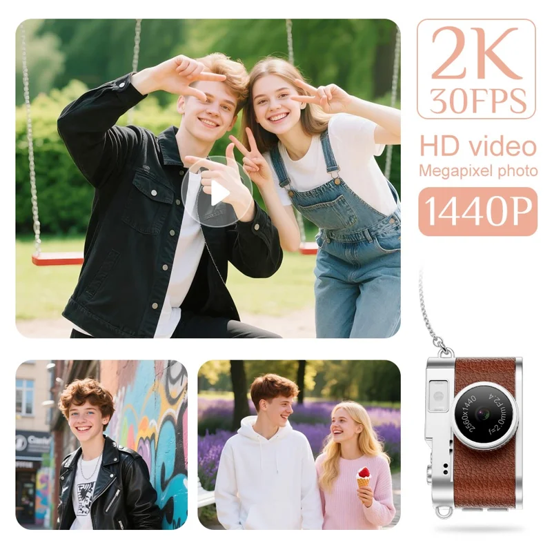 Cámara de Estilo de Vida Mini 2K S160 1440P con Pantalla IPS de 1.47 pulgadas, Cámara Digital Portátil con Múltiples Filtros + Tarjeta de 32 GB - Marrón