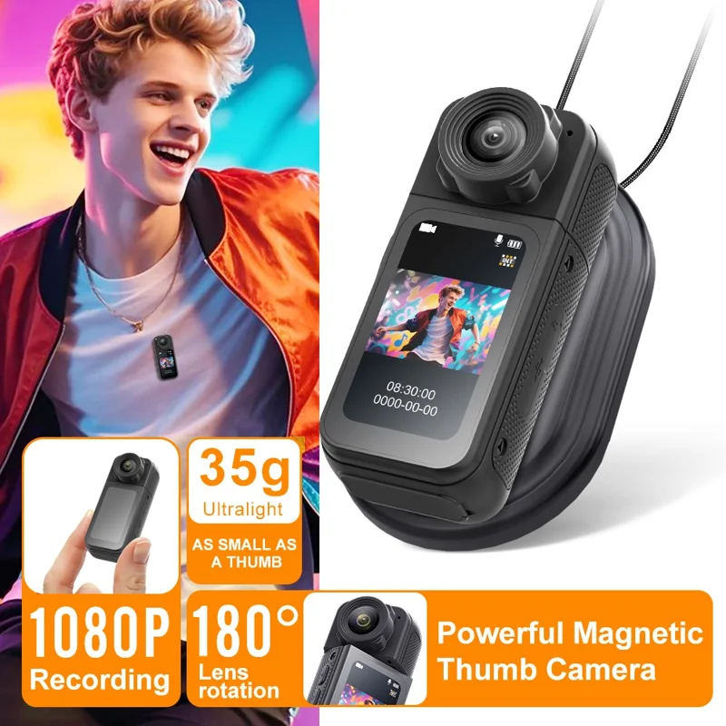 S83 1080P Magnetic Thumb Camera 1.47 inch IPS Screen Mini Cam with 180° Rotating Lens - Black