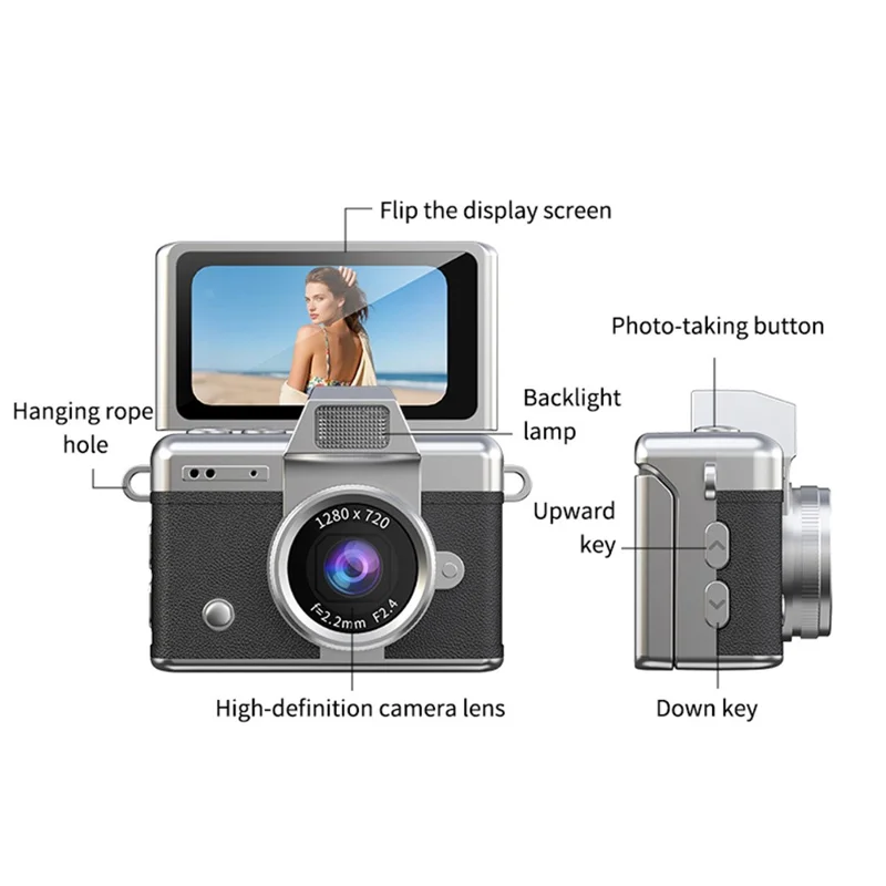 LK-027 Mini Retro Thumb Camera 1.47 Inch Flip Screen Digital Camera HD Video Recording CCD, with 32GB Card + Card Reader - White