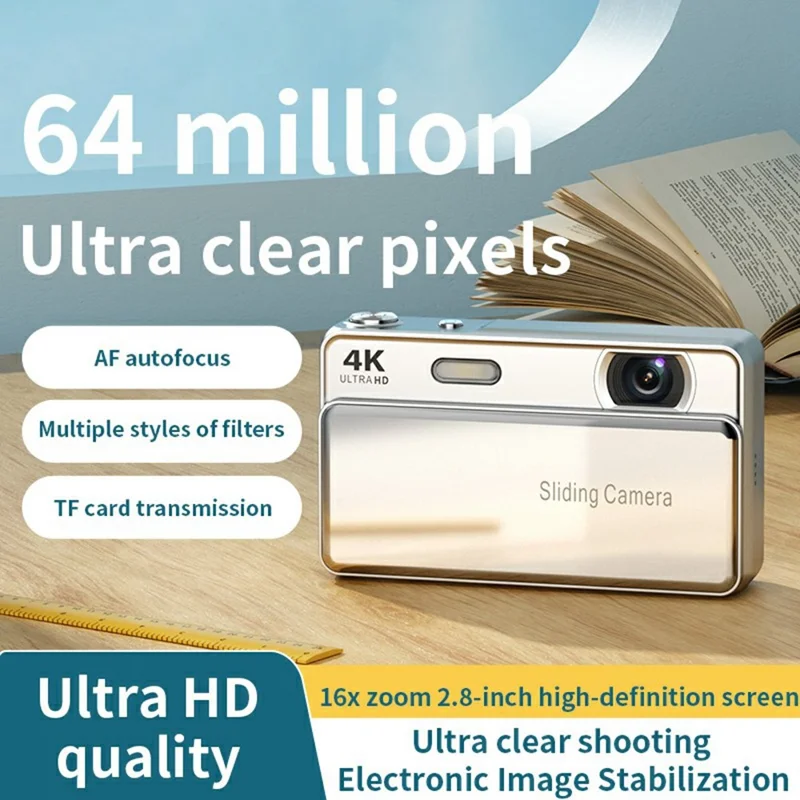 M15 2.8 inch 4K HD Slide Cover CCD Digital Camera 16X Zoom Camera AF Auto Focus with Fill Light - White