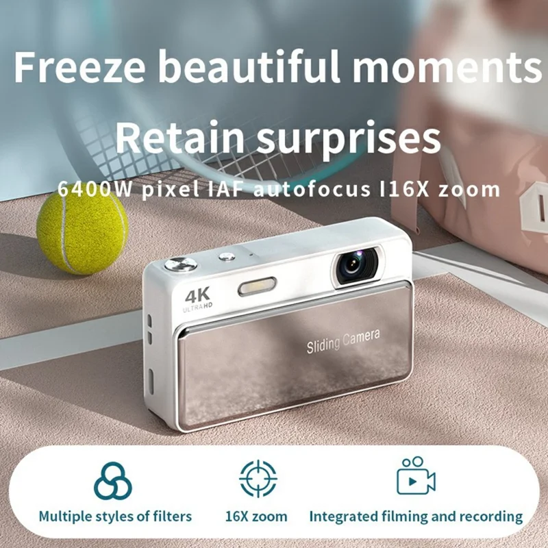 M15 2.8 inch 4K HD Slide Cover CCD Digital Camera 16X Zoom Camera AF Auto Focus with Fill Light - White