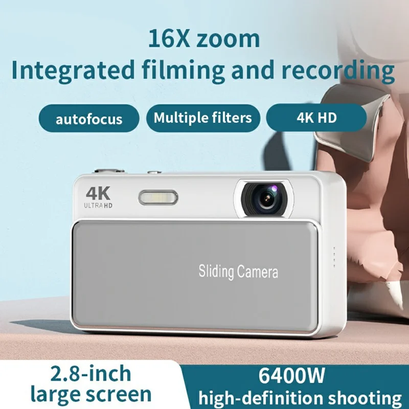 M15 2.8 inch 4K HD Slide Cover CCD Digital Camera 16X Zoom Camera AF Auto Focus with Fill Light - White