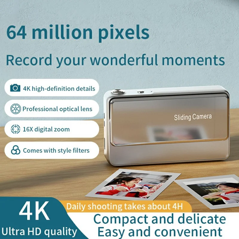 M15 2.8 inch 4K HD Slide Cover CCD Digital Camera 16X Zoom Camera AF Auto Focus with Fill Light - White