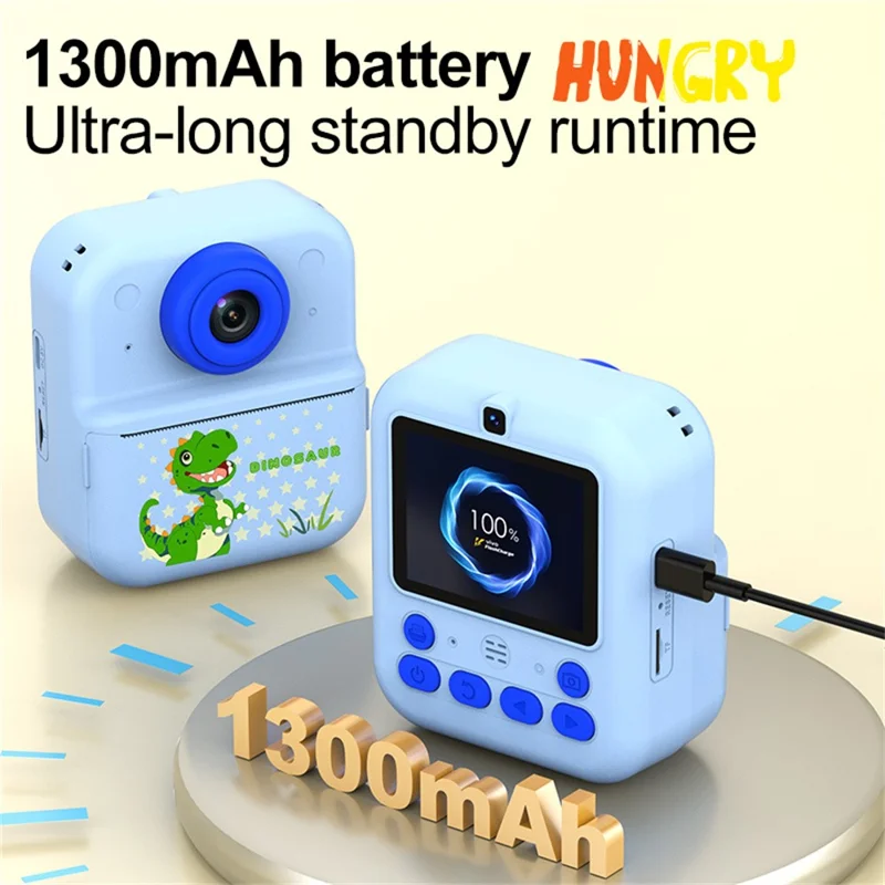 S5 2.4 inch HD Dual Camera Instant Print Kids Camera 1080P Video Recorder Gift with 16X Digital Zoom Single Color Printing - Blue Dinosaur