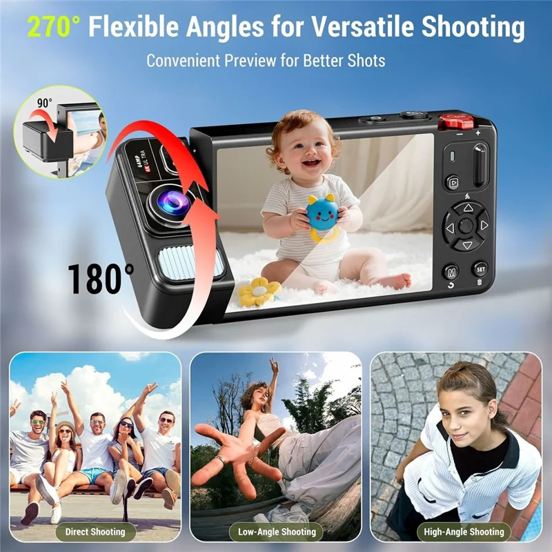 CV21 Appareil Photo Numérique avec Caméra CCD 4K 18X Zoom Objectif Rotatif Écran 2,8 Pouces pour Vlogging