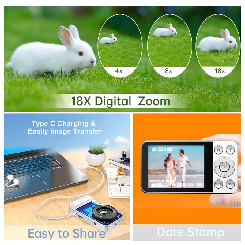 A60 4K HD Video Recording CCD Built-in LED Flash 18X Zoom 2.8 Inch IPS Screen Digital Camera - White