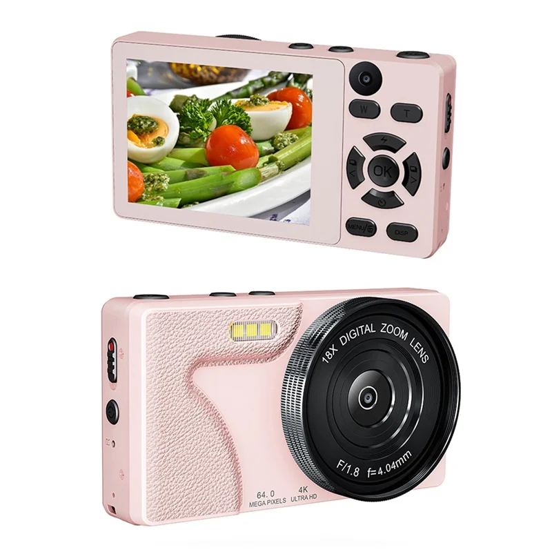 A62 64MP Dual Lens Digital Camera 18X Zoom 2.8 Inch IPS Screen 4K HD Video CCD - Pink