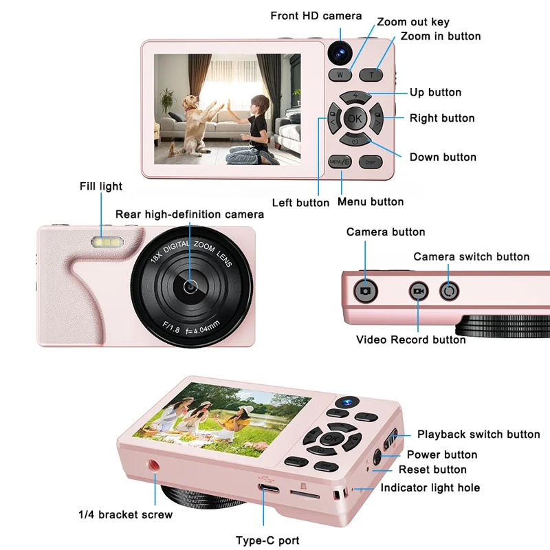 A62 64MP Dual Lens Digital Camera 18X Zoom 2.8 Inch IPS Screen 4K HD Video CCD - Pink