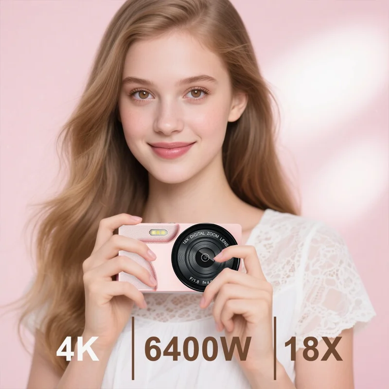 A62 64MP Dual Lens Digital Camera 18X Zoom 2.8 Inch IPS Screen 4K HD Video CCD - Pink