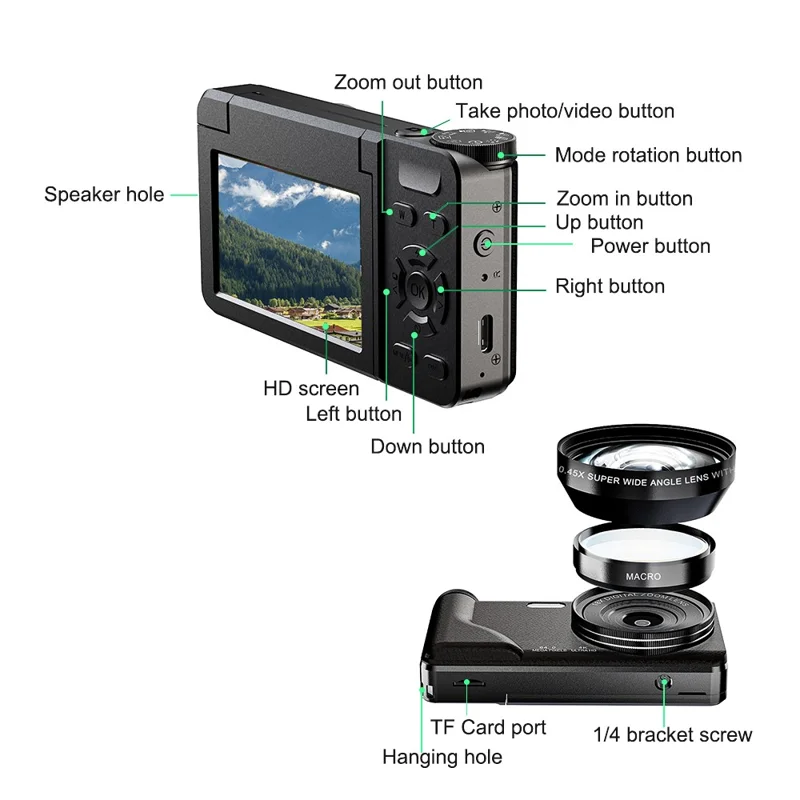 A65 3.0 inch 18X Digital Zoom Flip Screen Mirrorless Camera 64MP Student CCD Digital Camera with 32GB Card  /  Card Reader, without External Lens - Black