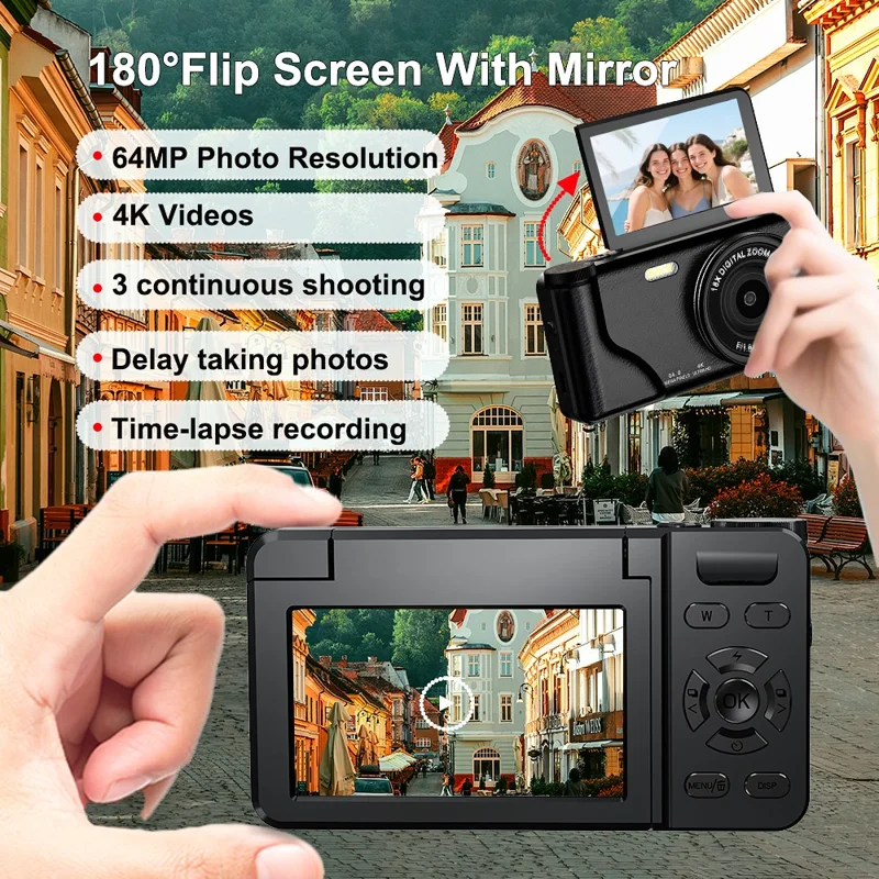 A65 3.0 inch 18X Digital Zoom Flip Screen Mirrorless Camera 64MP Student CCD Digital Camera with 32GB Card  /  Card Reader, without External Lens - Black