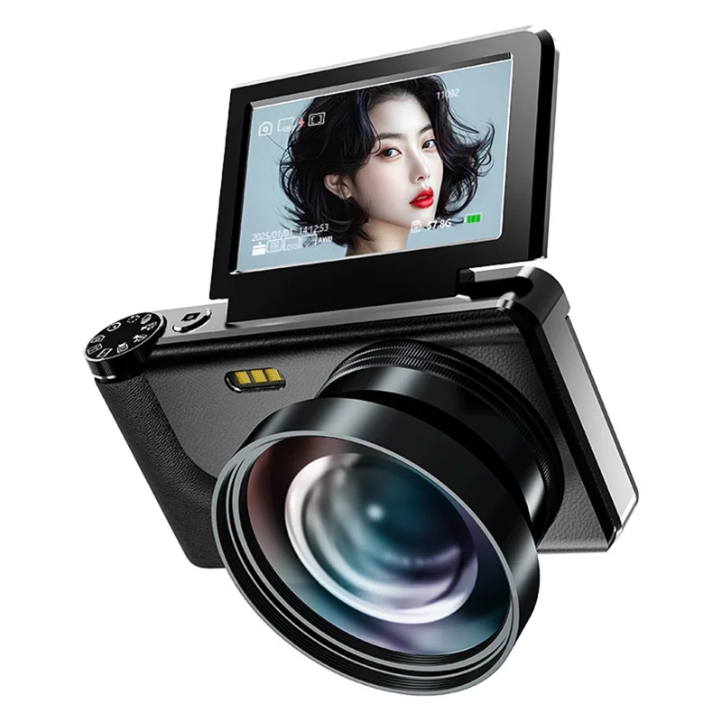 A65 3.0 inch 18X Digital Zoom Flip Screen Mirrorless Camera 64MP Student CCD Digital Camera with External Lens - Black