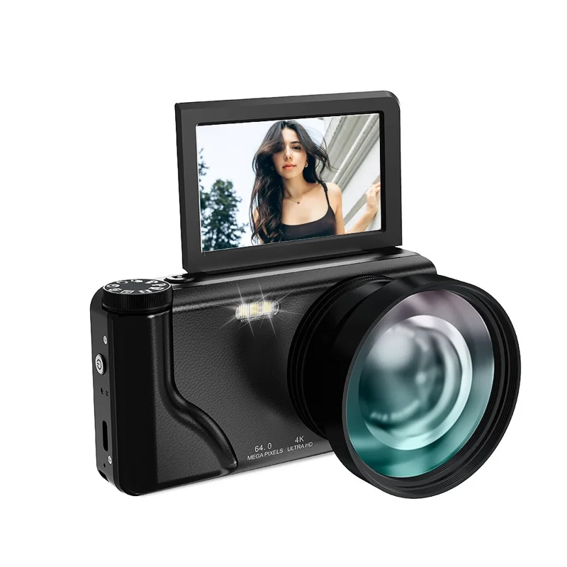 A65 3.0 inch 18X Digital Zoom Flip Screen Mirrorless Camera 64MP Student CCD Digital Camera with External Lens - Black