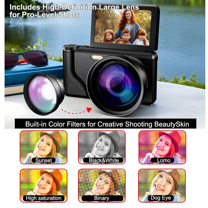 A65 3.0 inch 18X Digital Zoom Flip Screen Mirrorless Camera 64MP Student CCD Digital Camera with External Lens - Black