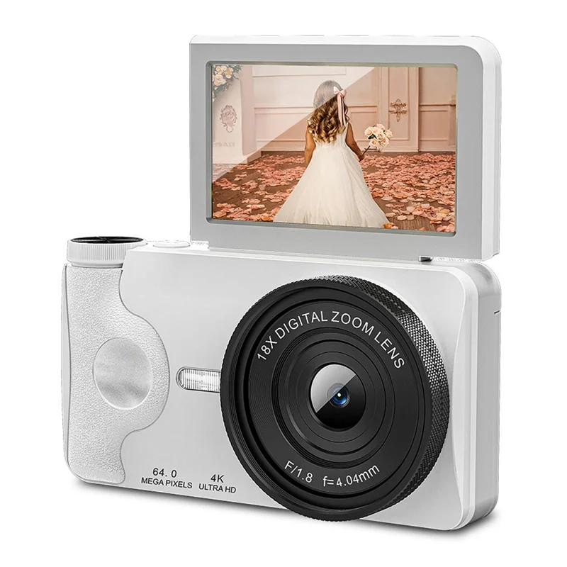 A66 3.0 inch 180° Flip Screen CCD Camera 18X Digital Zoom Student Mirrorless Camera with 4K Video Recording, without External Lens - White