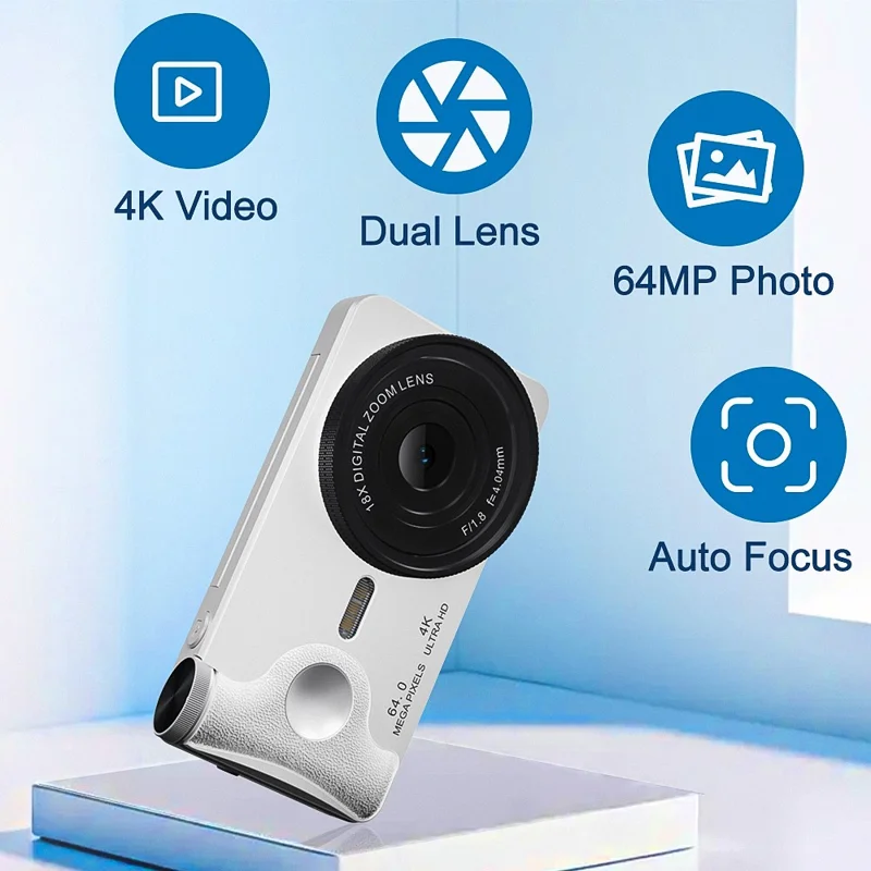 A66 3.0 inch 180° Flip Screen CCD Camera 18X Digital Zoom Student Mirrorless Camera with 4K Video Recording, without External Lens - White