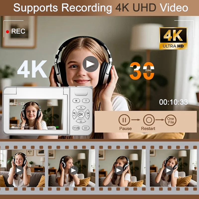 A66 3.0 inch 180° Flip Screen CCD Camera 18X Digital Zoom Student Mirrorless Camera with 4K Video Recording, without External Lens - White