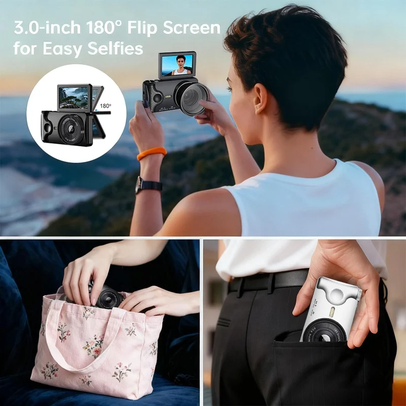A66 3.0 inch 180° Flip Screen CCD Camera 18X Digital Zoom Student Mirrorless Camera with 4K Video Recording, without External Lens - White