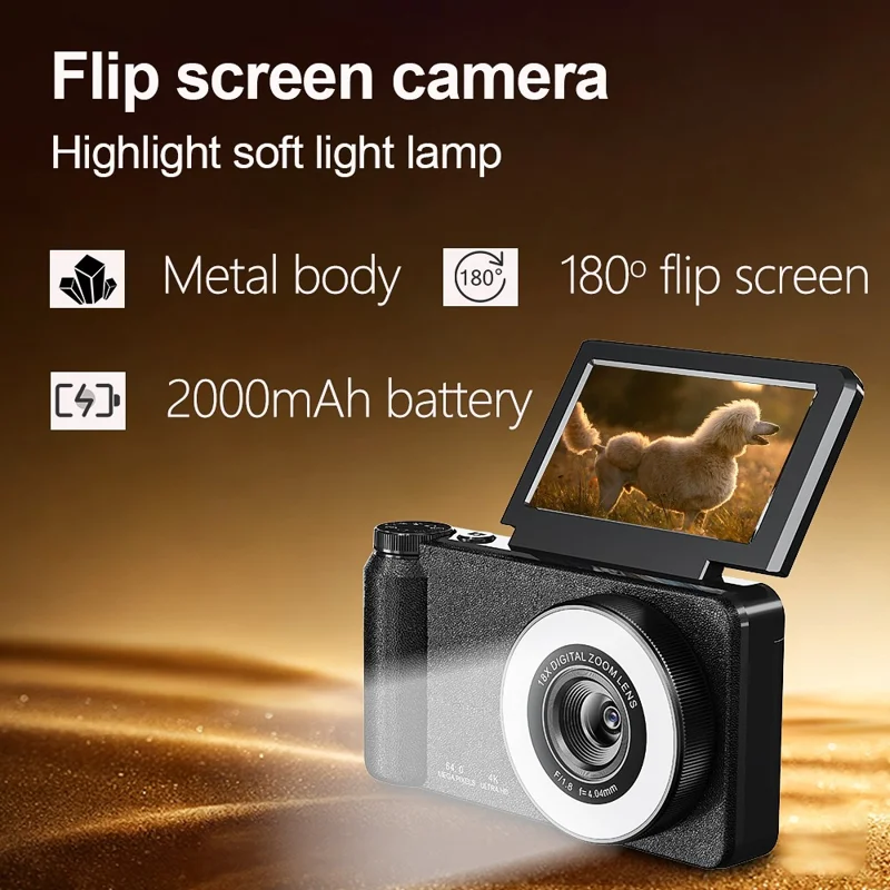A67B 64MP CCD Digital Camera 3.0 inch IPS Flip Screen Camera with 4K Video and 18X Digital Zoom - Black