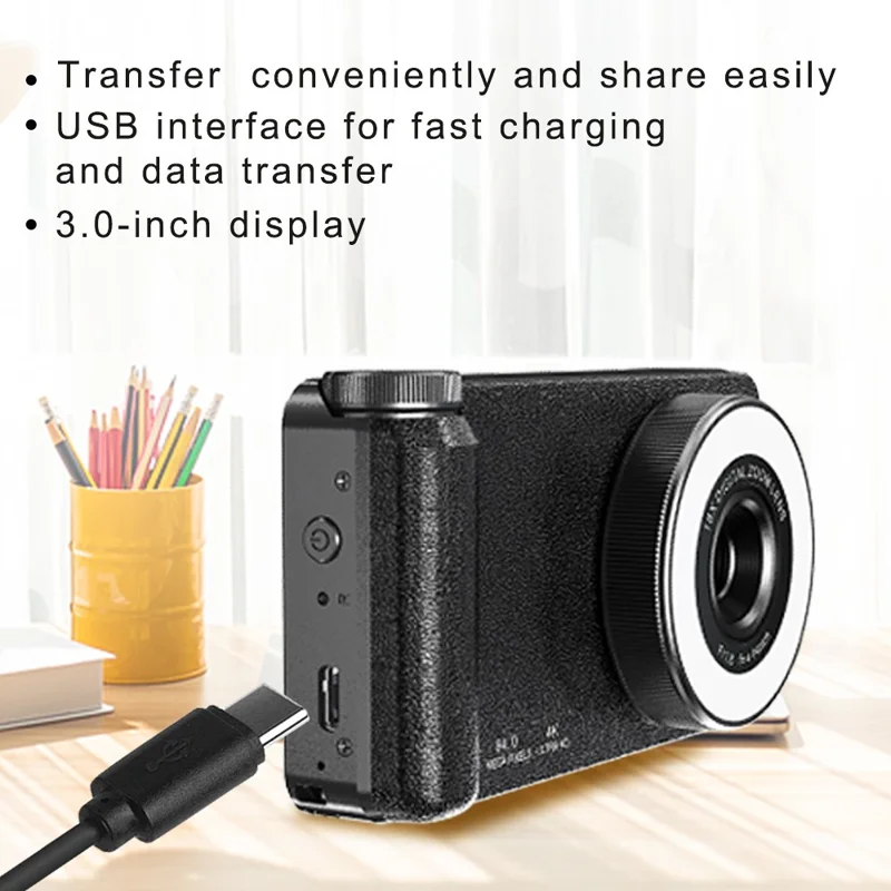 A67B 64MP CCD Digital Camera 3.0 inch IPS Flip Screen Camera with 4K Video and 18X Digital Zoom - Black
