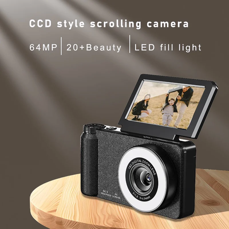 A67B 64MP CCD Digital Camera 3.0 inch IPS Flip Screen Camera with 4K Video and 18X Digital Zoom - Black