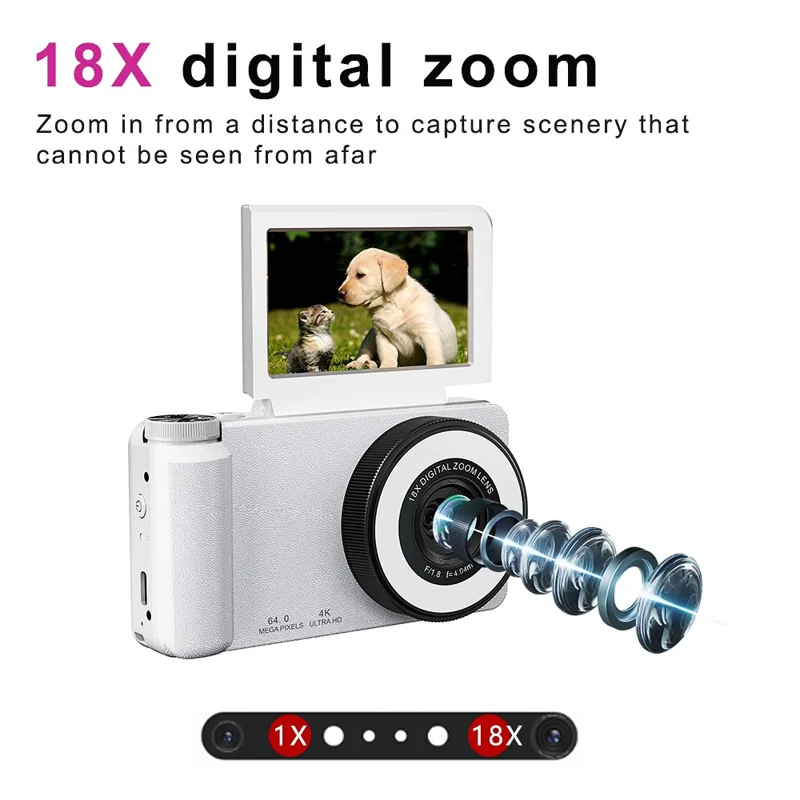 A67B 64MP CCD Digital Camera 3.0 inch IPS Flip Screen Camera with 4K Video and 18X Digital Zoom - Black