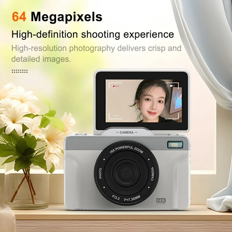 A2 3 Inch Flip Screen Digital Camera 4K HD Photo Video Recording for Vlogging / Selfie - White