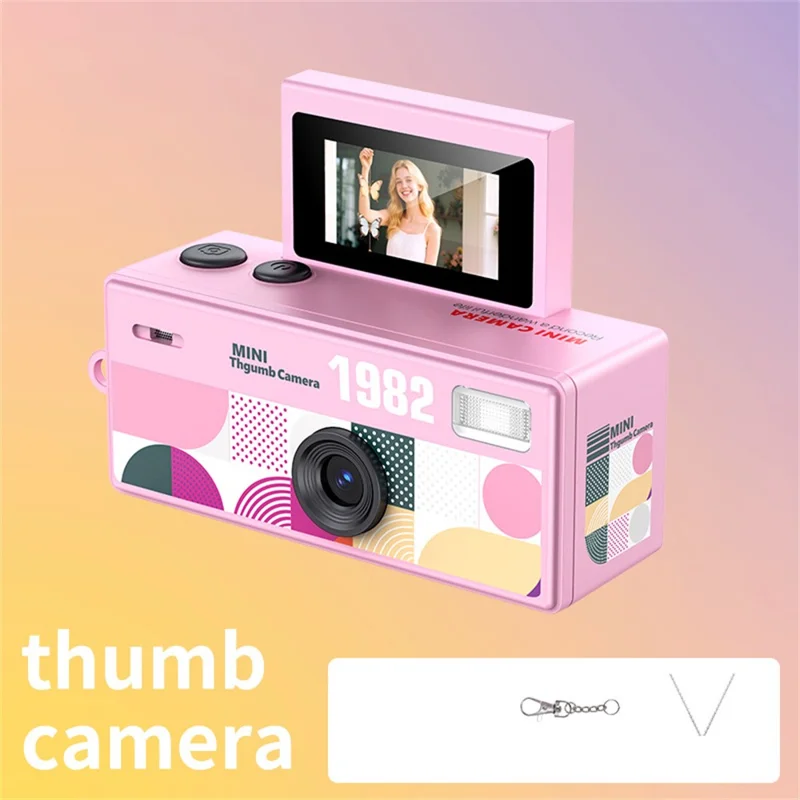 LK-030 Thumb Camera with Keychain 0.96 Inch Flip Screen Retro CCD Digital Camera 720P Mini Camcorder - Pink