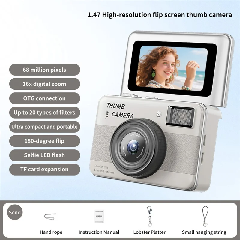 Y11 1.47 Inch Flip Screen Mini Thumb Camera HD Photography Video Recording CCD Digital Camera with LED Light - White
