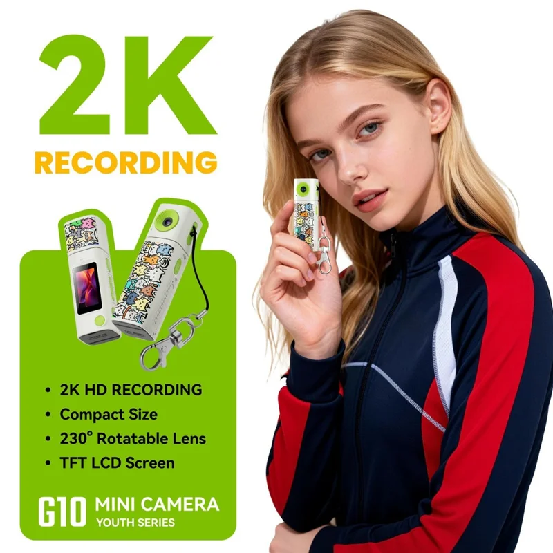 G10 Mini Camera 0,96 inch TFT LCD-scherm 2K HD-video-opnameapparaat met 230 graden draaibaar objectief Draagbare sleutelhangercamera - Wit