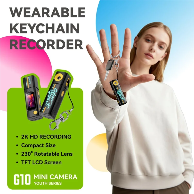 G10 Mini Camera 0.96 Inch TFT LCD Screen 2K HD Video Recorder with 230 Degree Rotatable Lens Portable Keychain Camera - Black