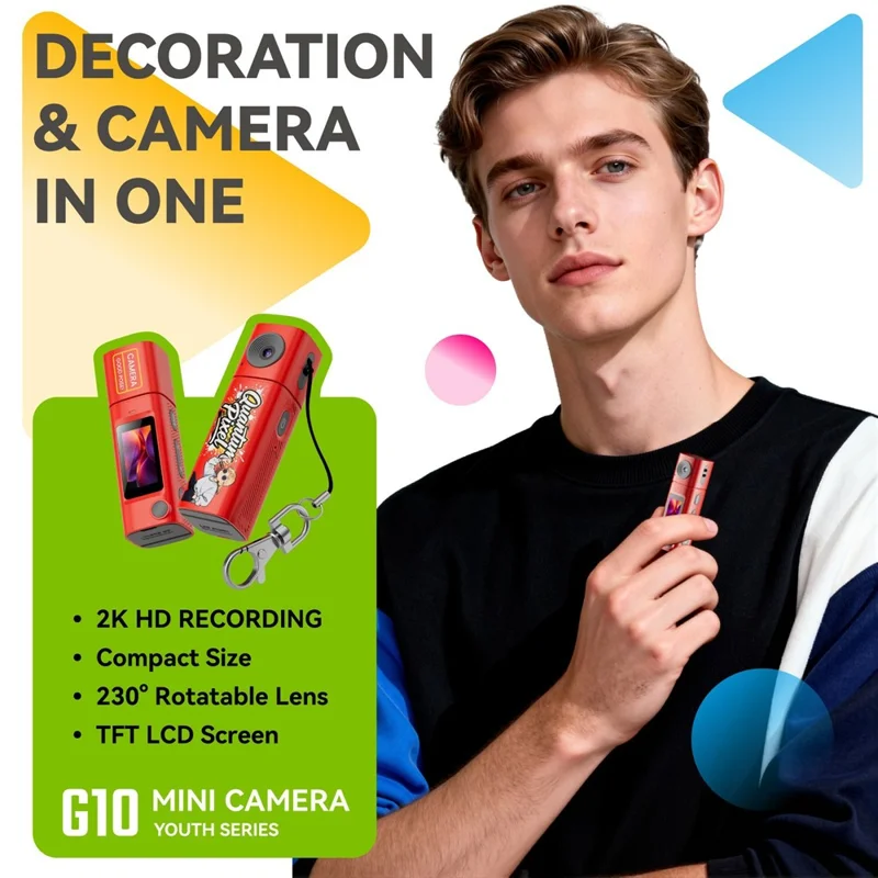 G10 Mini Camera 0.96 Inch TFT LCD Screen 2K HD Video Recorder with 230 Degree Rotatable Lens Portable Keychain Camera - Red