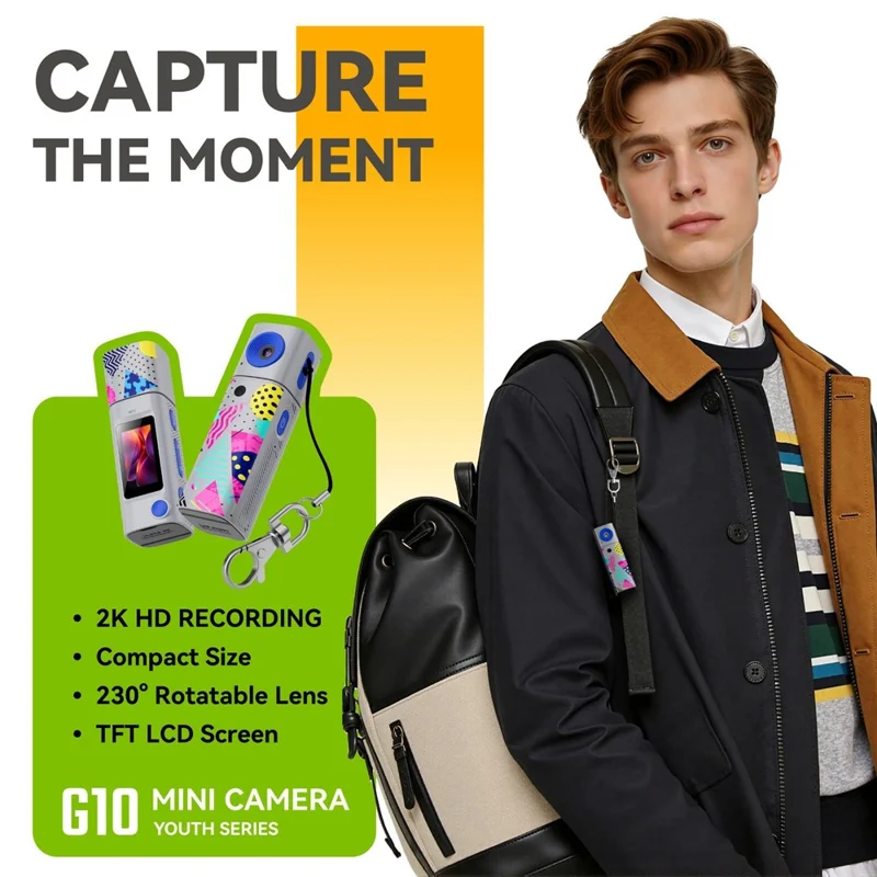 G10 Mini Camera 0.96 Inch TFT LCD Screen 2K HD Video Recorder with 230 Degree Rotatable Lens Portable Keychain Camera - Grey