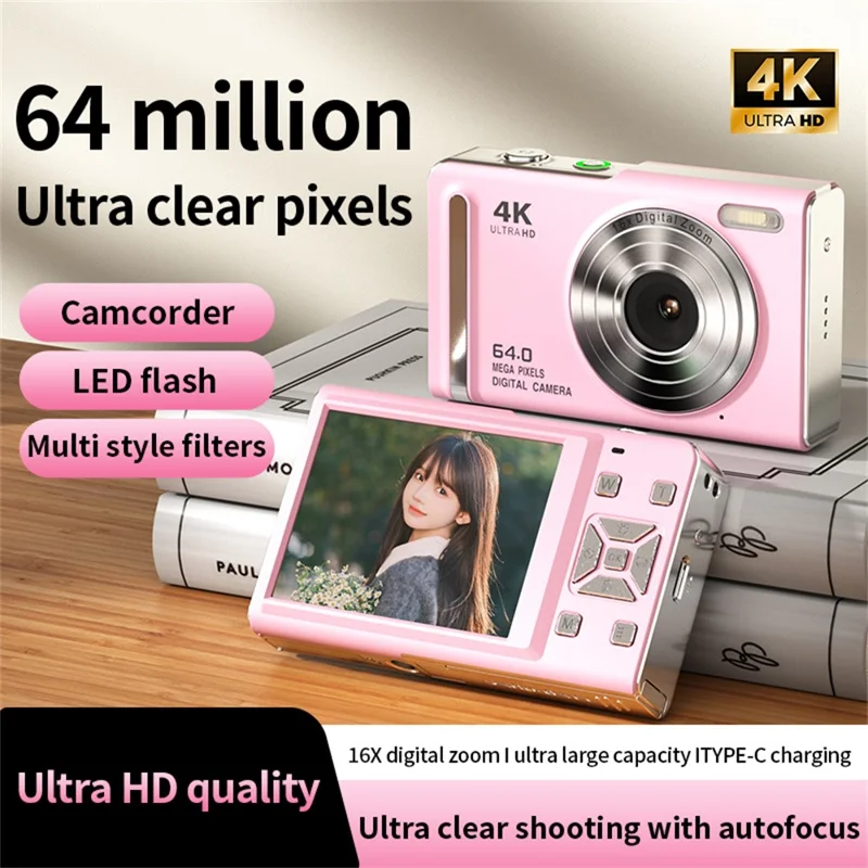 M20 2,8 tommer IPS-skærm 64 MP digitalt kamera 4K videooptager 16x zoom CCD-kortkamera til vlogfotografering - Pink