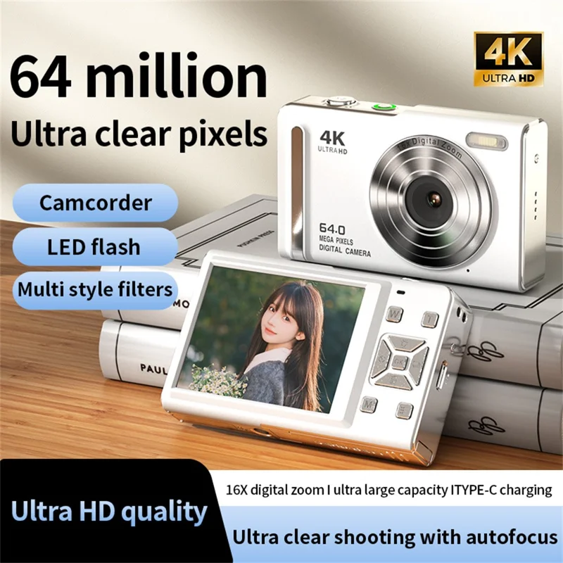 M20 2.8 Inch IPS Screen 64MP Digital Camera 4K Video Recorder 16X Zoom CCD Card Camera for Vlog Photography - White
