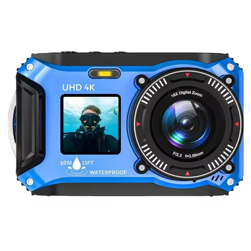 Appareil photo étanche VP006 33 pi avec batterie 4K UHD 56 MP écran double 2,8 + 1,4 po appareil photo numérique sous-marin - Bleu