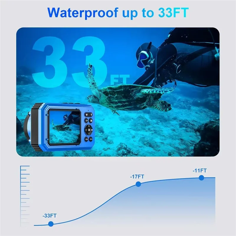 VP006 33ft Waterproof Camera with 2 Batteries 4K UHD 56MP 2.8 + 1.4 Inch Dual Screen Underwater Digital Camera - Blue