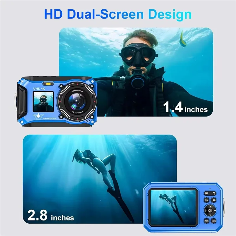 VP006 33ft Waterproof Camera with 2 Batteries 4K UHD 56MP 2.8 + 1.4 Inch Dual Screen Underwater Digital Camera - Blue