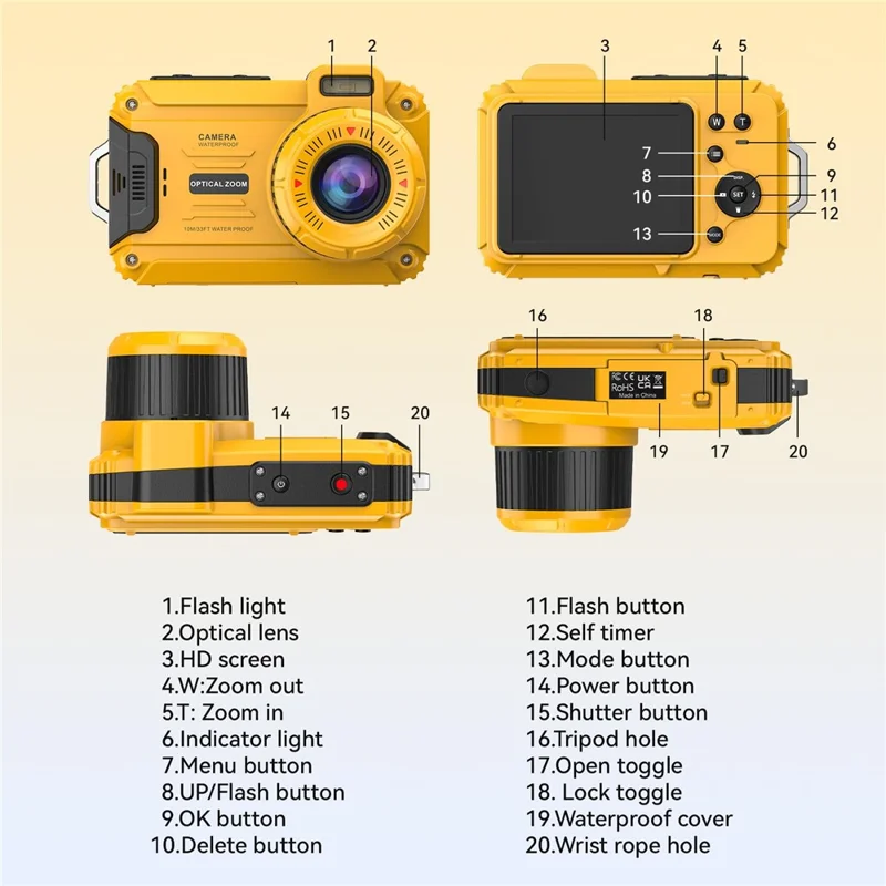 WP10 2.8inch 4K Digital Camera 48MP 6X Optical Zoom 10m Waterproof Camera for Underwater Diving - Yellow