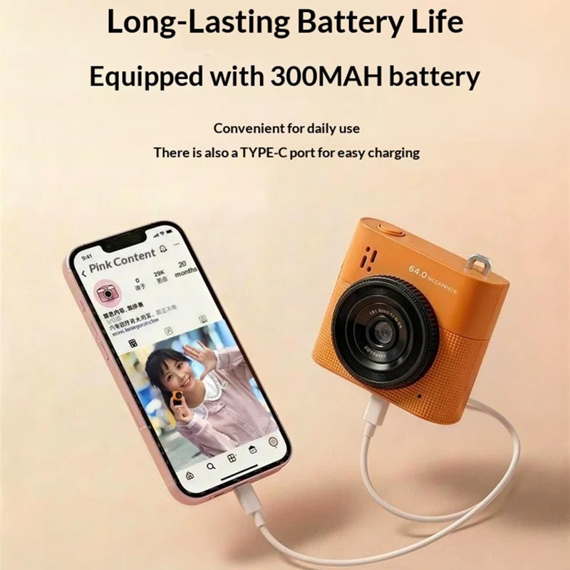 S5 Mini Camera 64MP 16x Digital Zoom 1.4" IPS Screen Type-C Portable Thumb Camera for Photography Video Recording - Orange